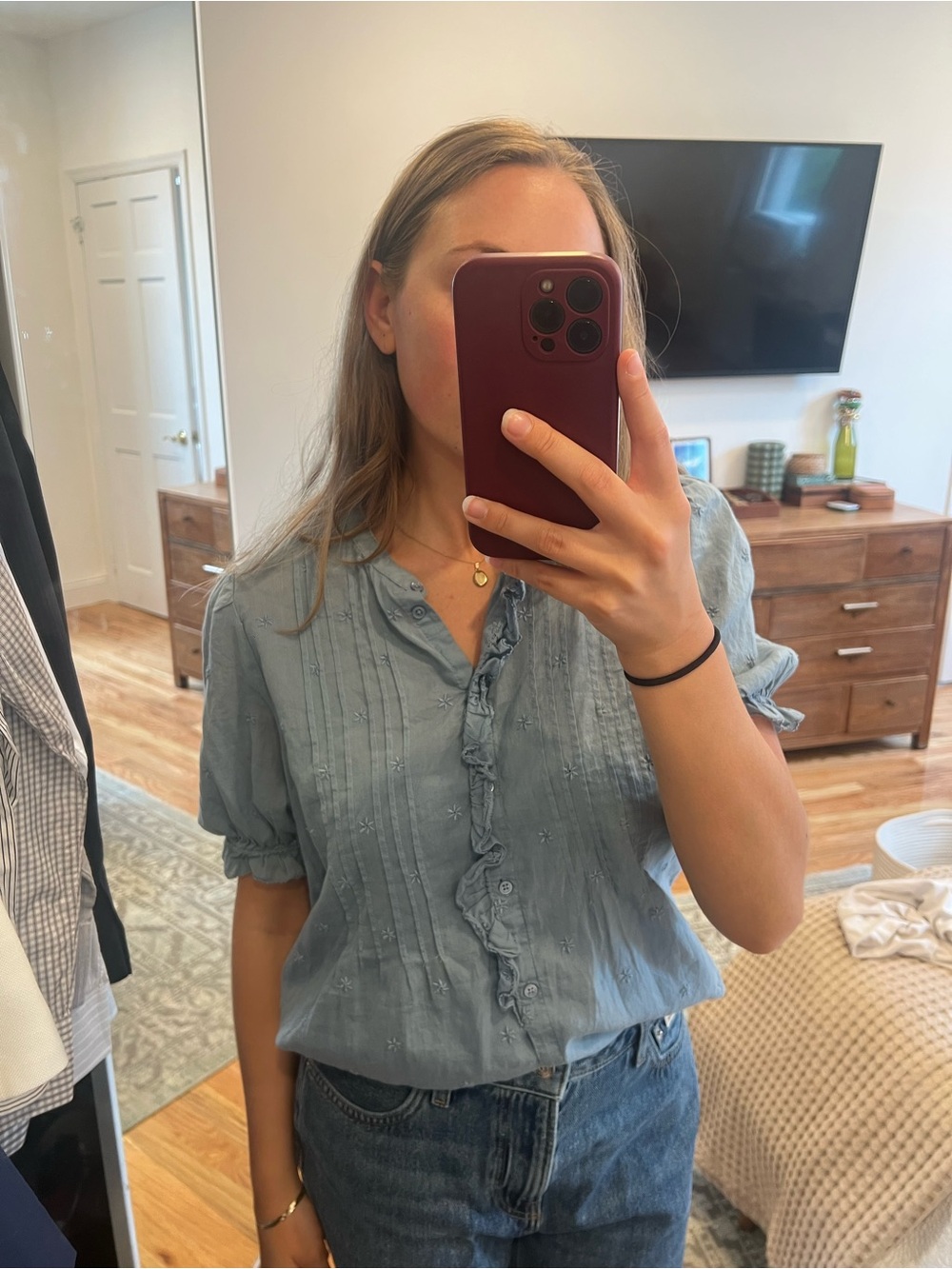 LOFT Light Blue Pintuck Ruffle-Front Blouse - Picture 3 of 3